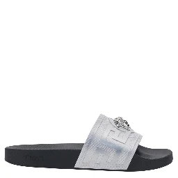 Metallic Sandals with Open Round Toe and Medusa Detail on the Front in Tech Fabric Man