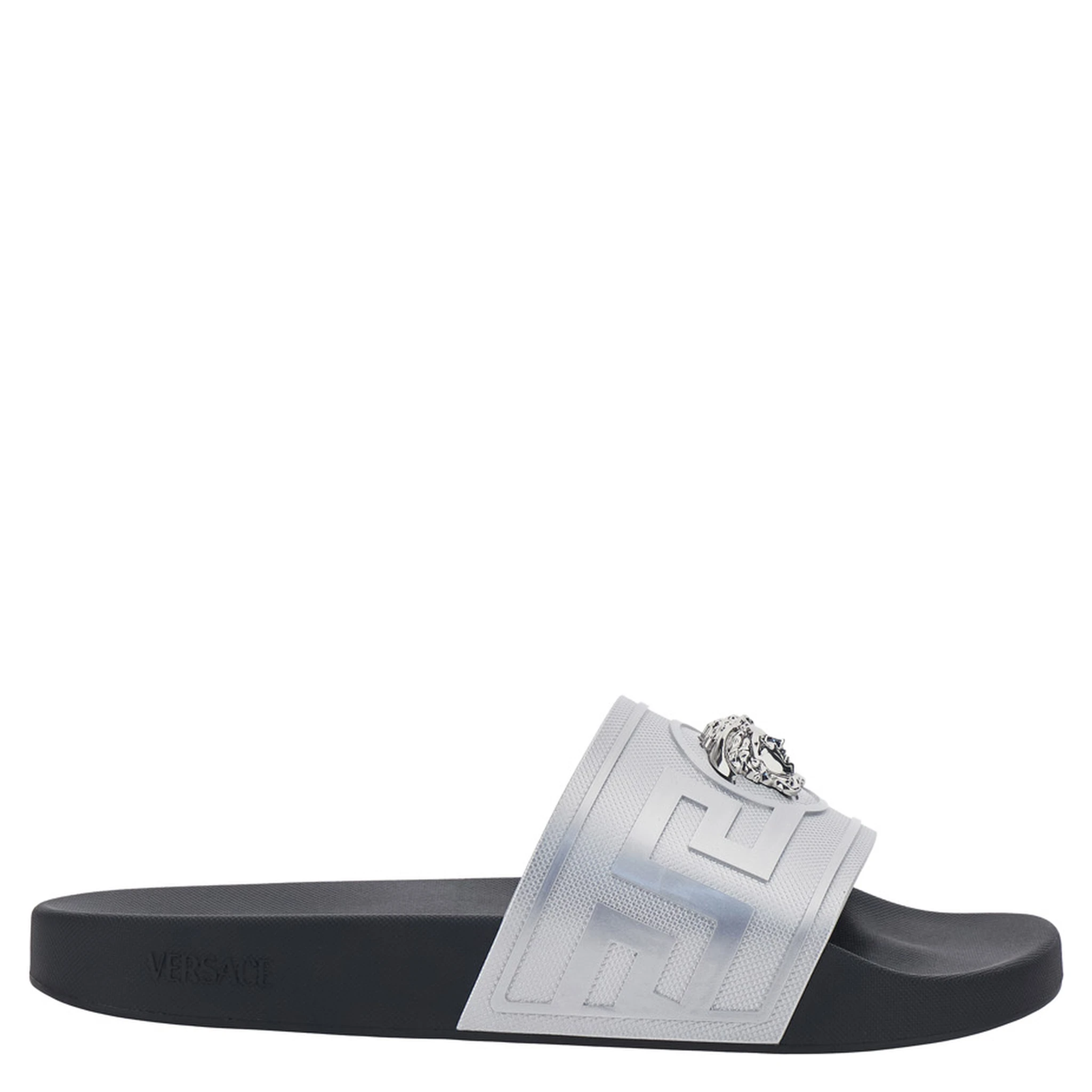 Metallic Sandals with Open Round Toe and Medusa Detail on the Front in Tech Fabric Man