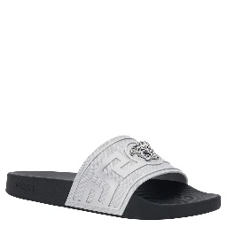 Metallic Sandals with Open Round Toe and Medusa Detail on the Front in Tech Fabric Man