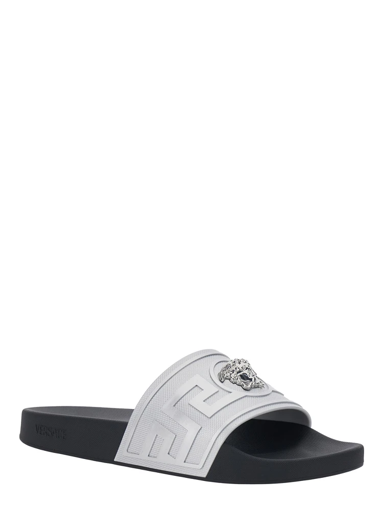 Metallic Sandals with Open Round Toe and Medusa Detail on the Front in Tech Fabric Man alternative