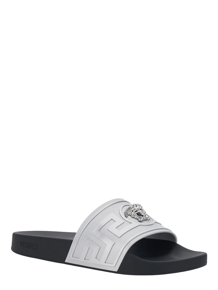 Metallic Sandals with Open Round Toe and Medusa Detail on the Front in Tech Fabric Man