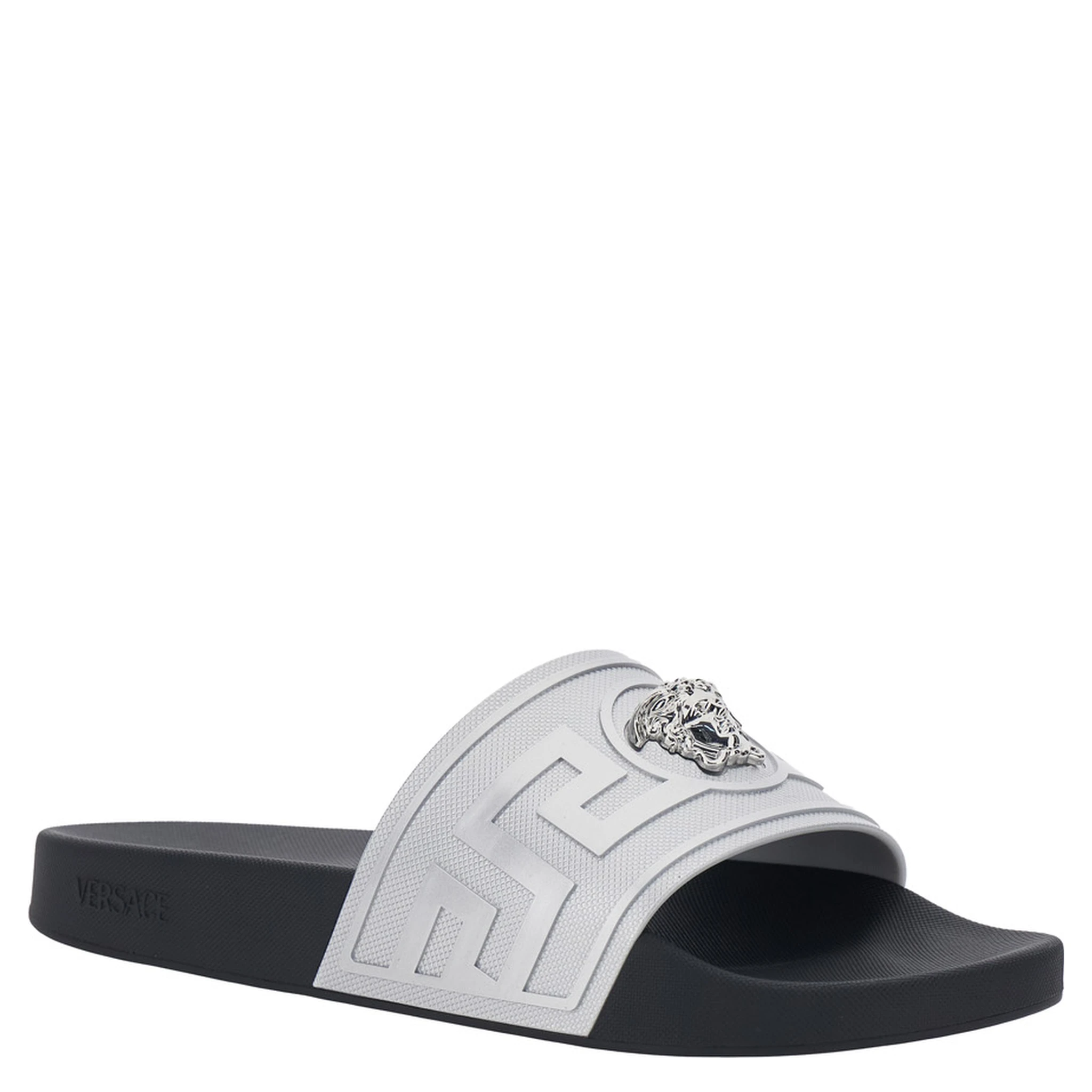 Metallic Sandals with Open Round Toe and Medusa Detail on the Front in Tech Fabric Man