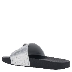 Metallic Sandals with Open Round Toe and Medusa Detail on the Front in Tech Fabric Man