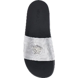 Metallic Sandals with Open Round Toe and Medusa Detail on the Front in Tech Fabric Man