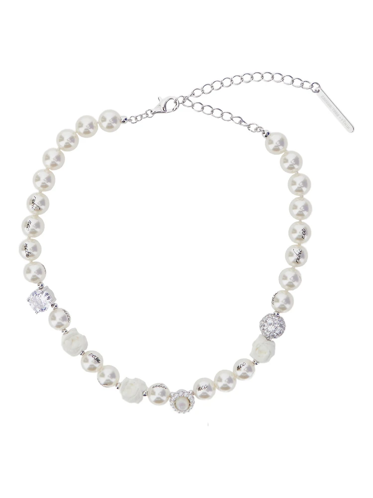 Silver-Colored Necklace with Beads Design and Rhinestone Decorations in Brass Woman