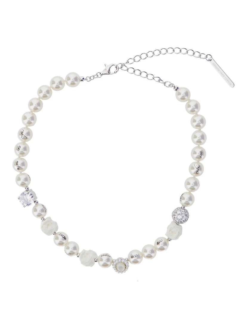 Silver-Colored Necklace with Beads Design and Rhinestone Decorations in Brass Woman