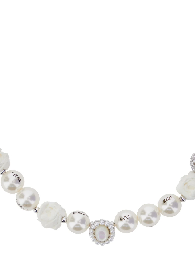 Silver-Colored Necklace with Beads Design and Rhinestone Decorations in Brass Woman