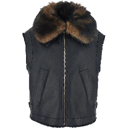Black Sleeveless Shearling Jacket with Buckled Spread Collar in Leather and Fur Woman