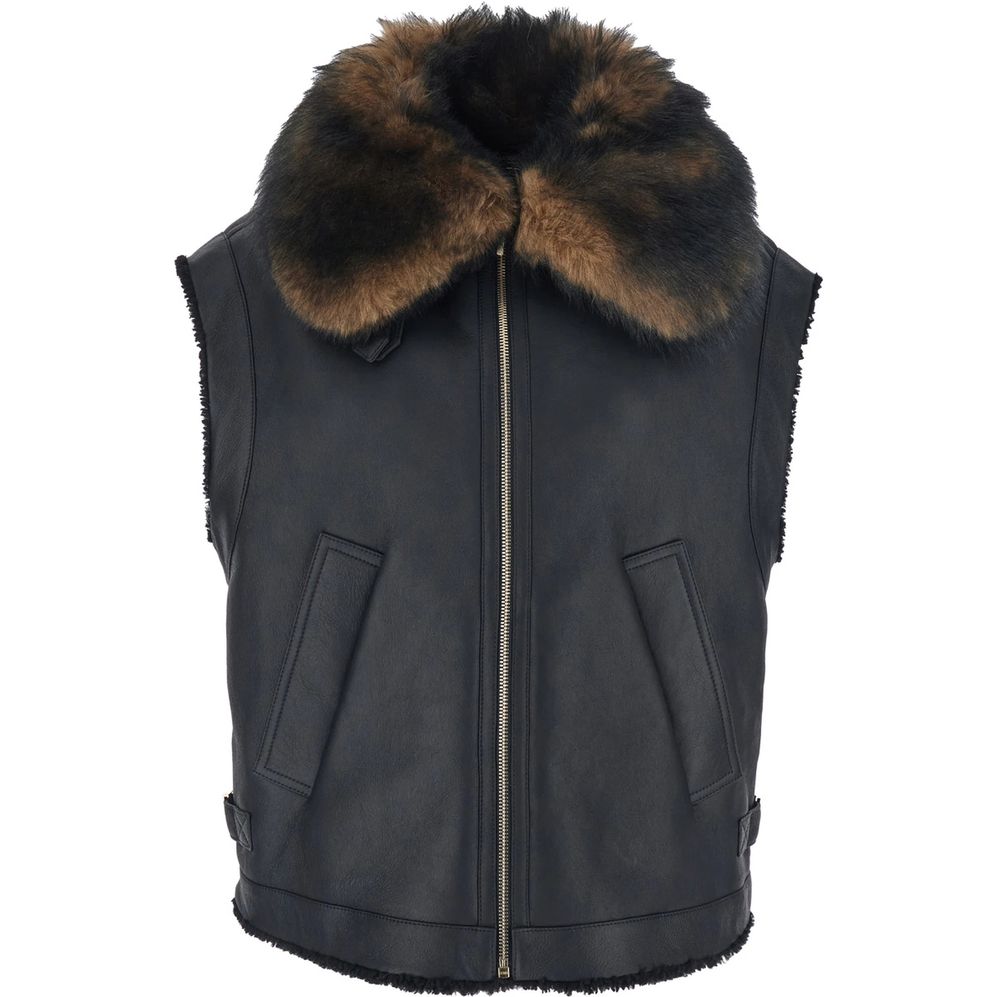 Black Sleeveless Shearling Jacket with Buckled Spread Collar in Leather and Fur Woman