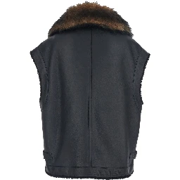 Black Sleeveless Shearling Jacket with Buckled Spread Collar in Leather and Fur Woman
