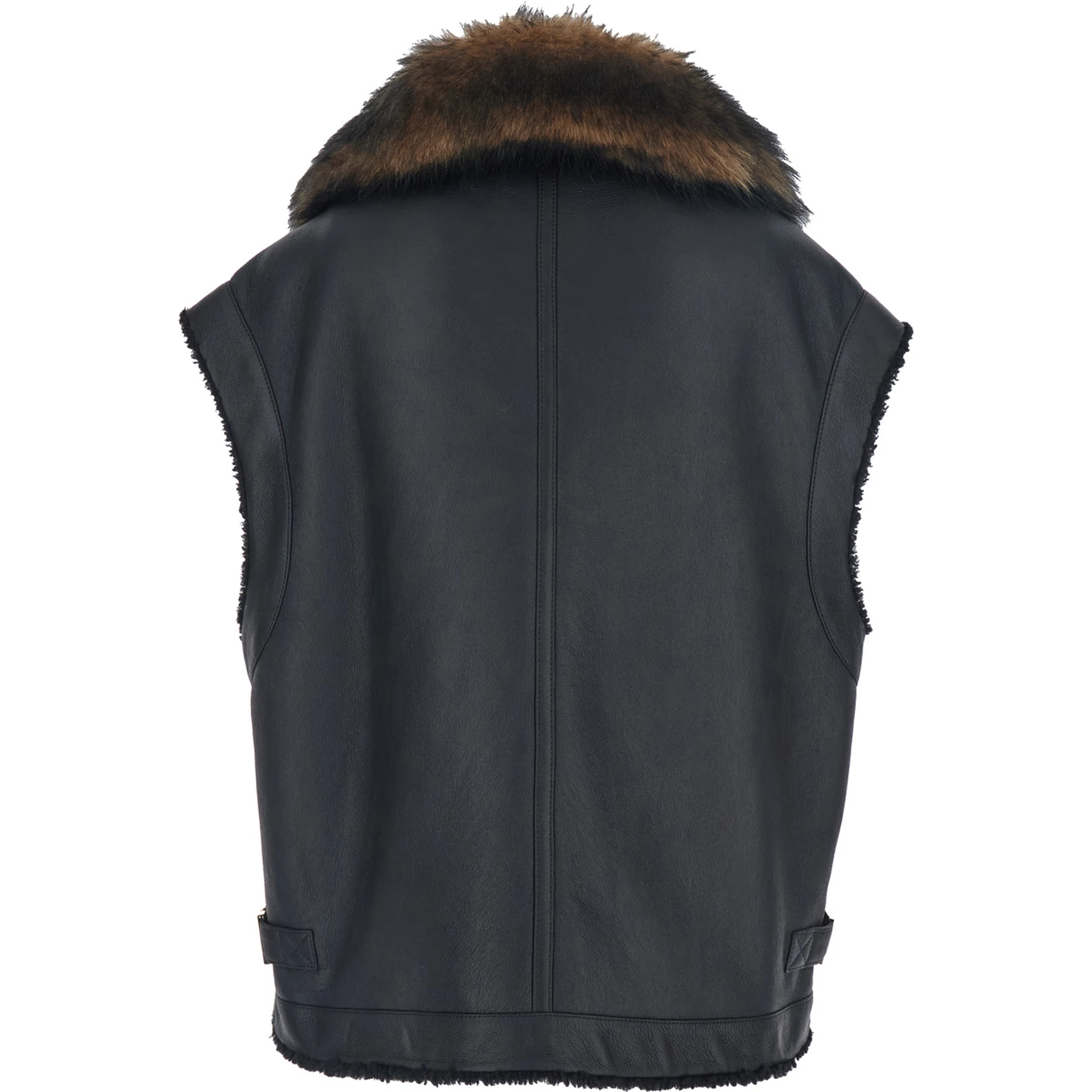 Black Sleeveless Shearling Jacket with Buckled Spread Collar in Leather and Fur Woman