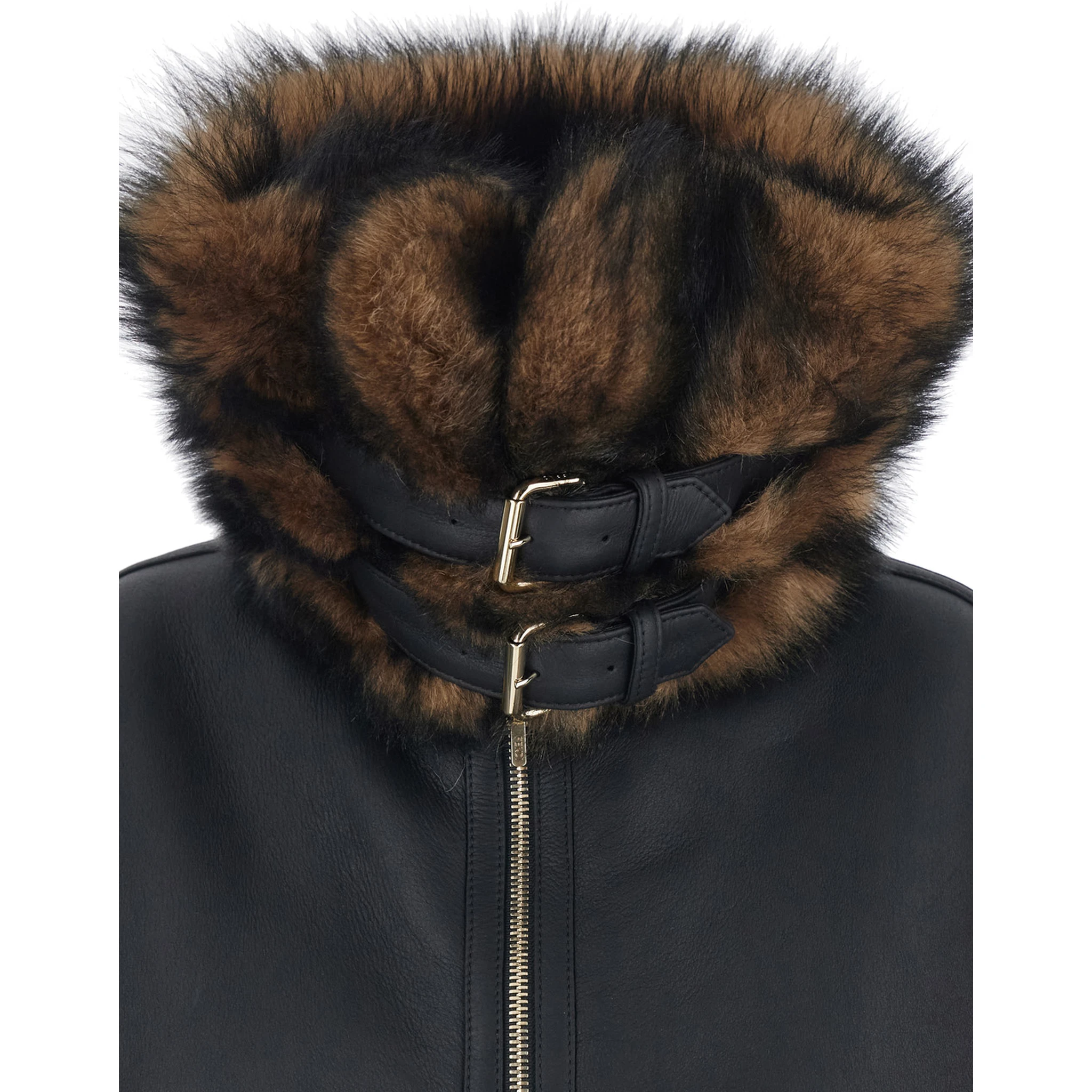 Black Sleeveless Shearling Jacket with Buckled Spread Collar in Leather and Fur Woman