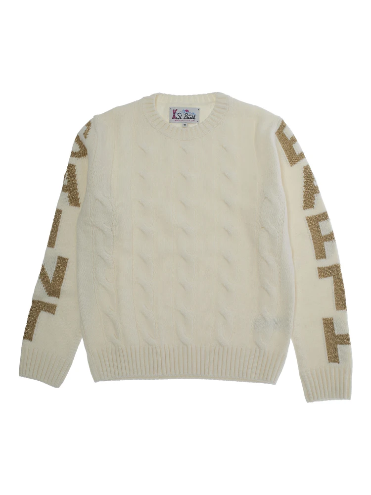 White Crewneck Sweater with Logo Lettering on the Sleeve in Wool Blend Boy