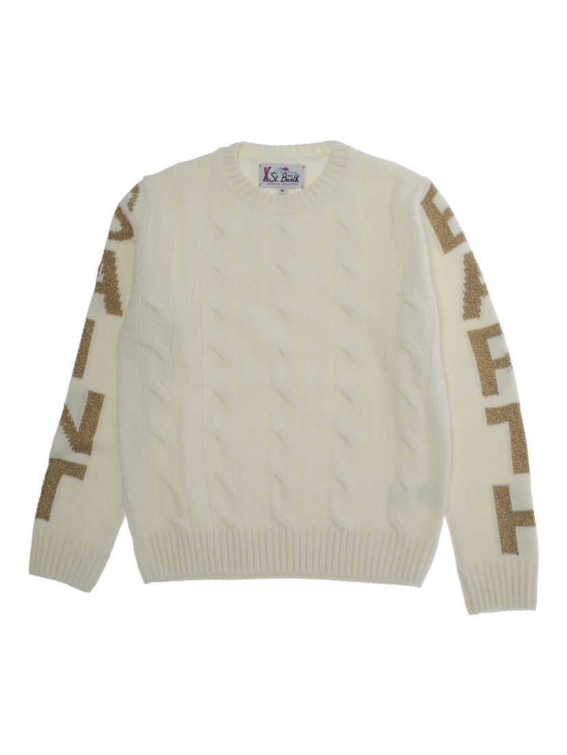 White Crewneck Sweater with Logo Lettering on the Sleeve in Wool Blend Boy