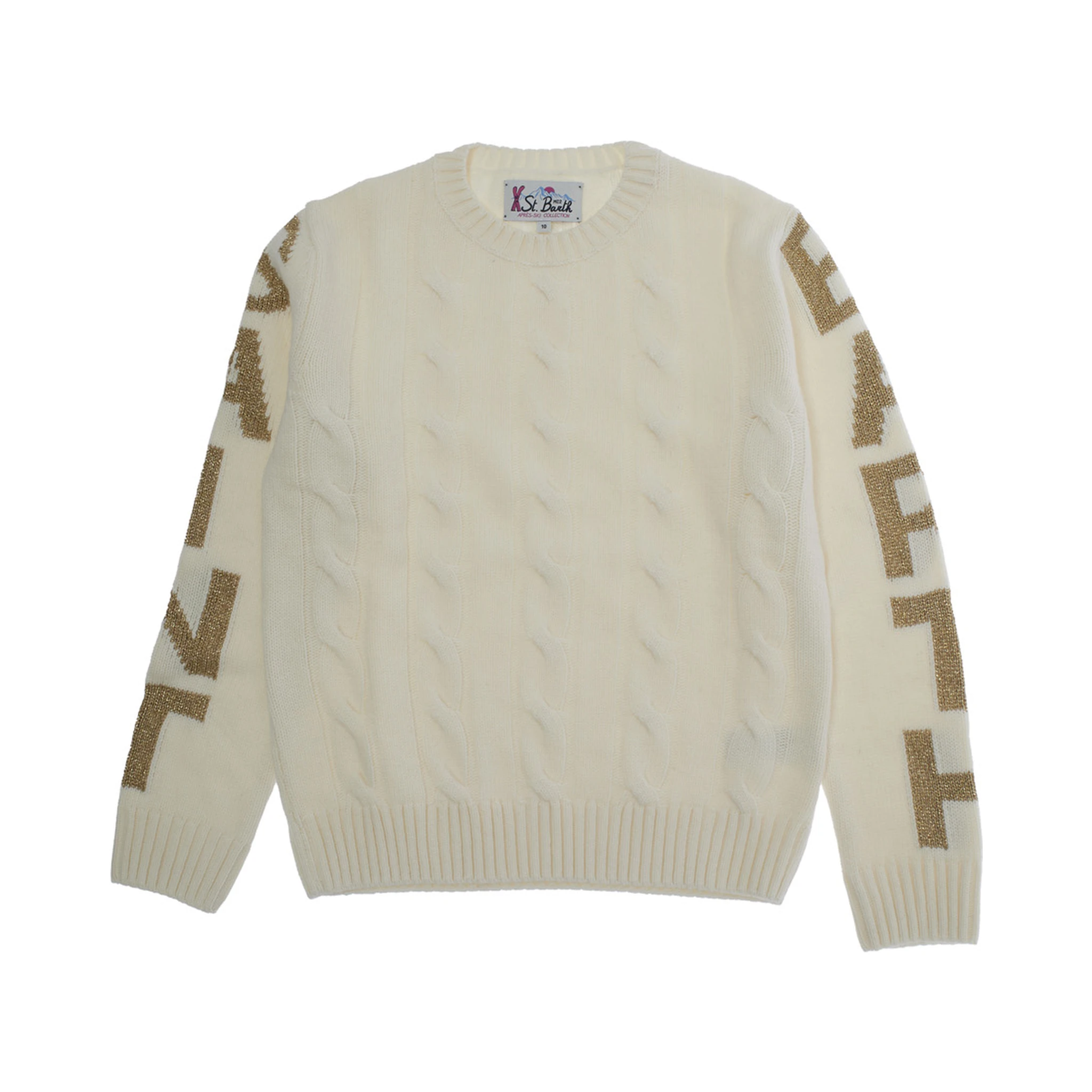 White Crewneck Sweater with Logo Lettering on the Sleeve in Wool Blend Boy
