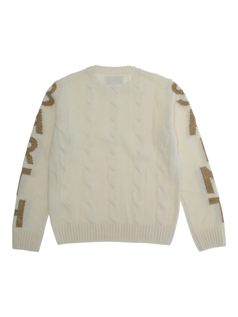 White Crewneck Sweater with Logo Lettering on the Sleeve in Wool Blend Boy