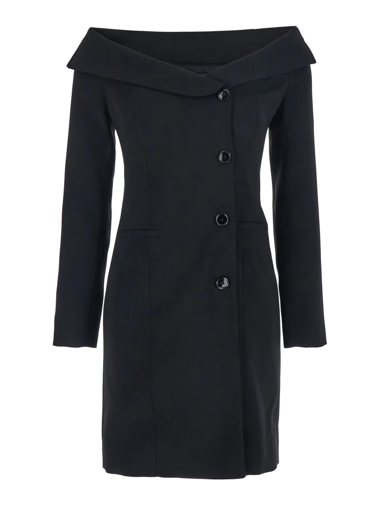 Black Dress with Front Neckline and Bare Shoulders in Fabric Woman