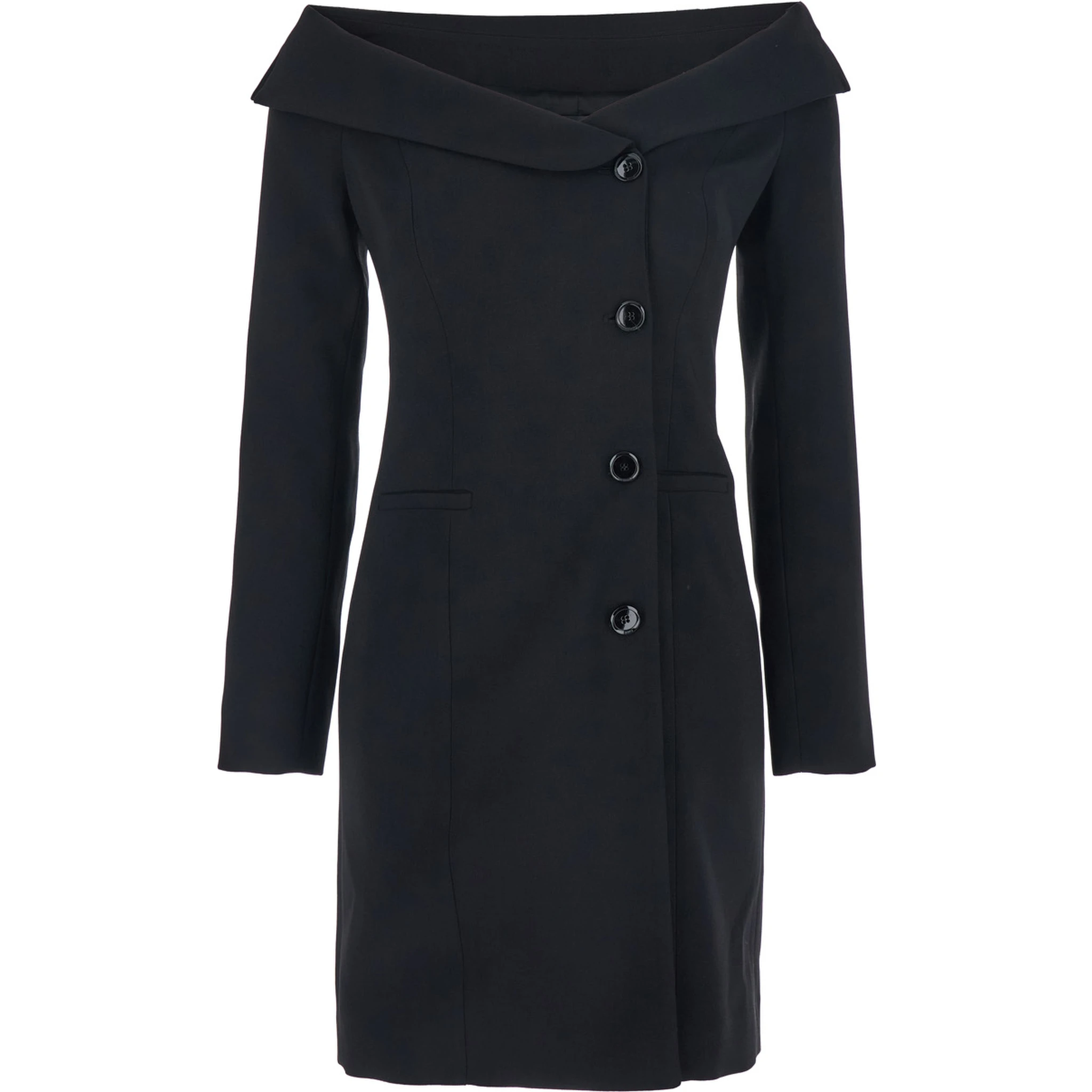 Black Dress with Front Neckline and Bare Shoulders in Fabric Woman