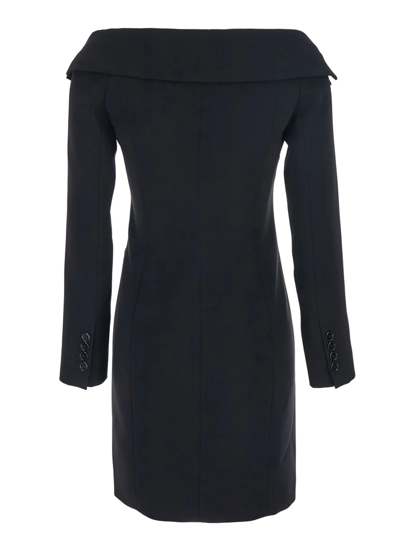 Black Dress with Front Neckline and Bare Shoulders in Fabric Woman