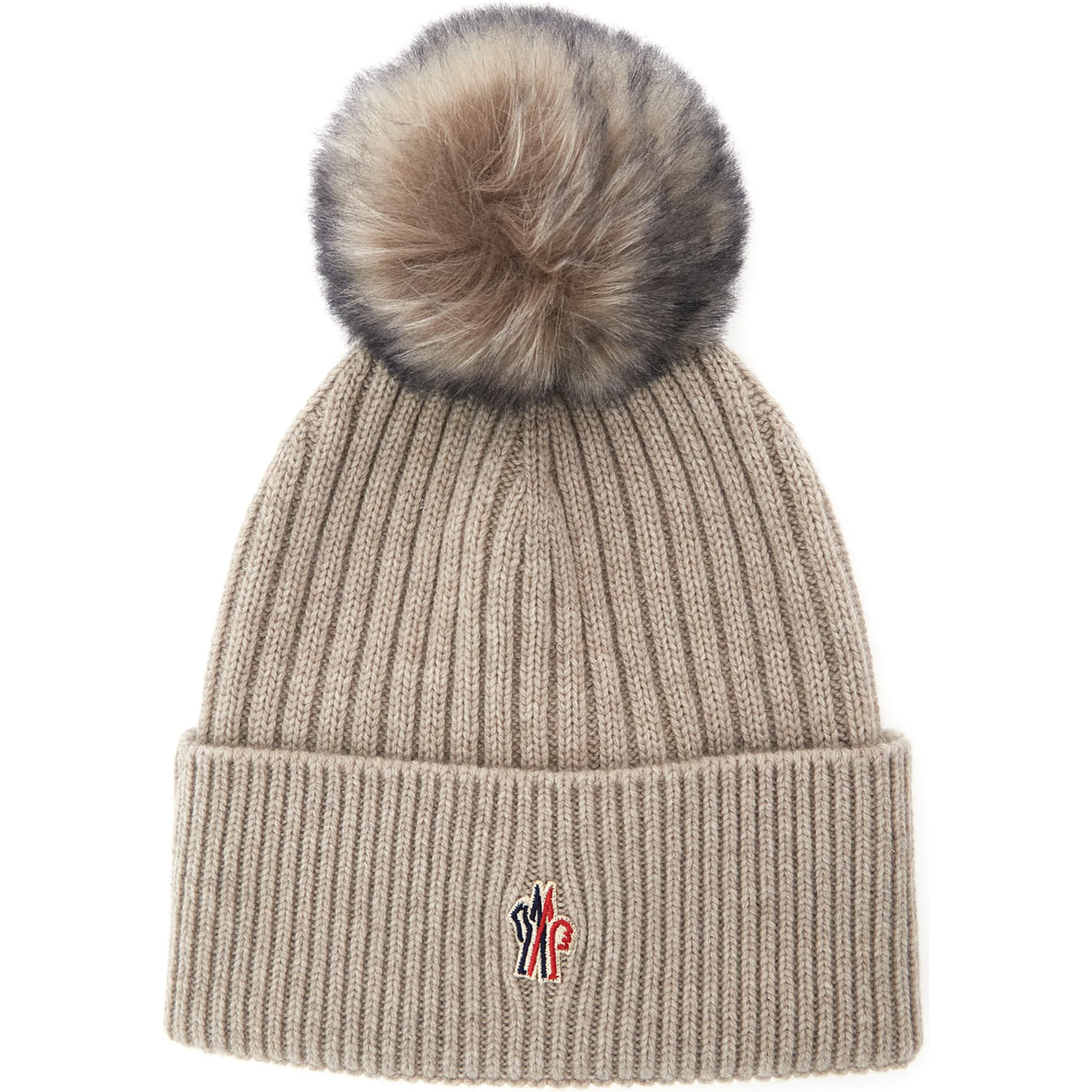 Beige Beanie with Pompon and Logo Patch onthe Front in Cashmere Woman