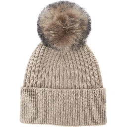 Beige Beanie with Pompon and Logo Patch onthe Front in Cashmere Woman