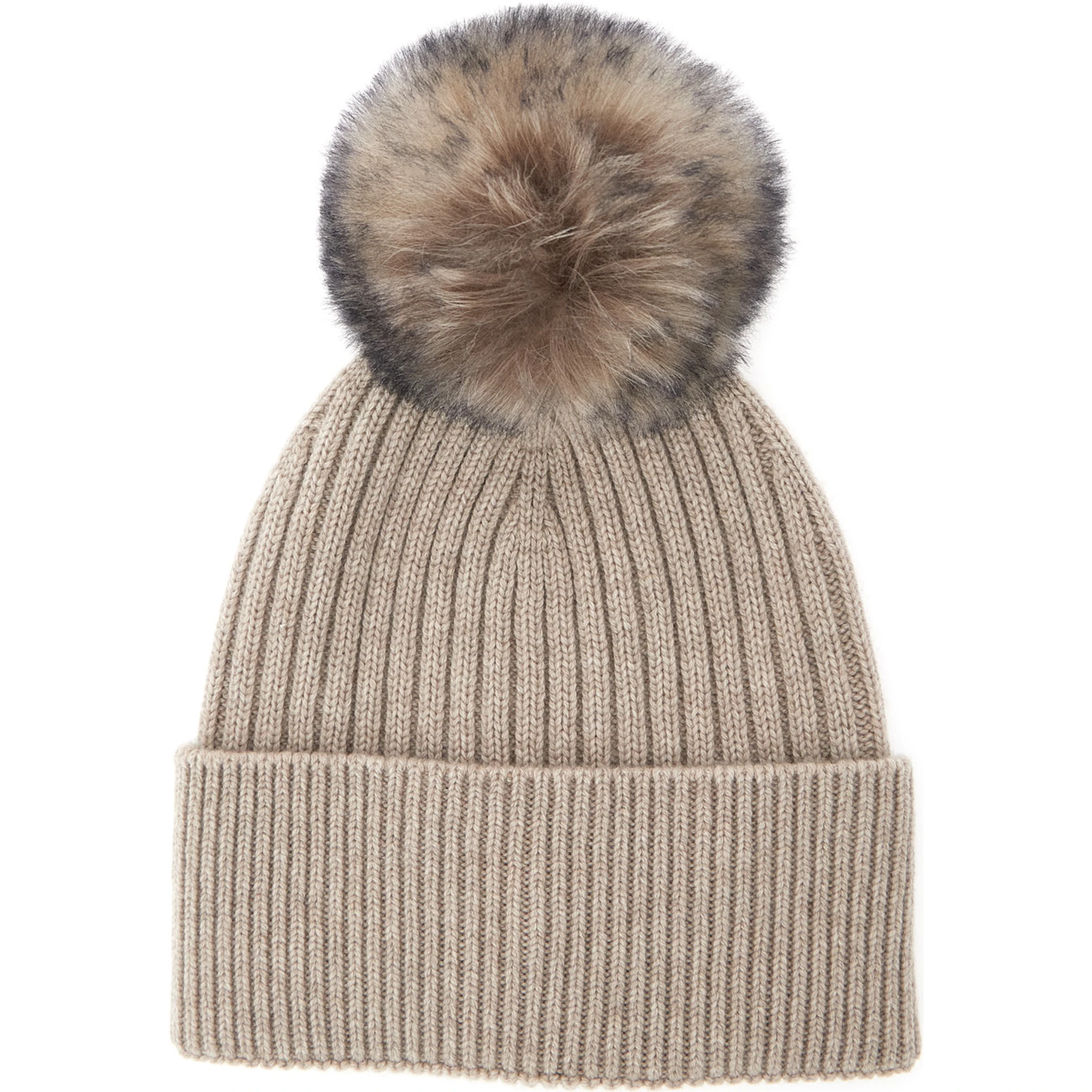 Beige Beanie with Pompon and Logo Patch onthe Front in Cashmere Woman