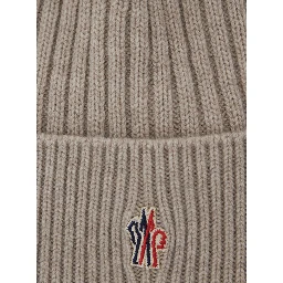 Beige Beanie with Pompon and Logo Patch onthe Front in Cashmere Woman