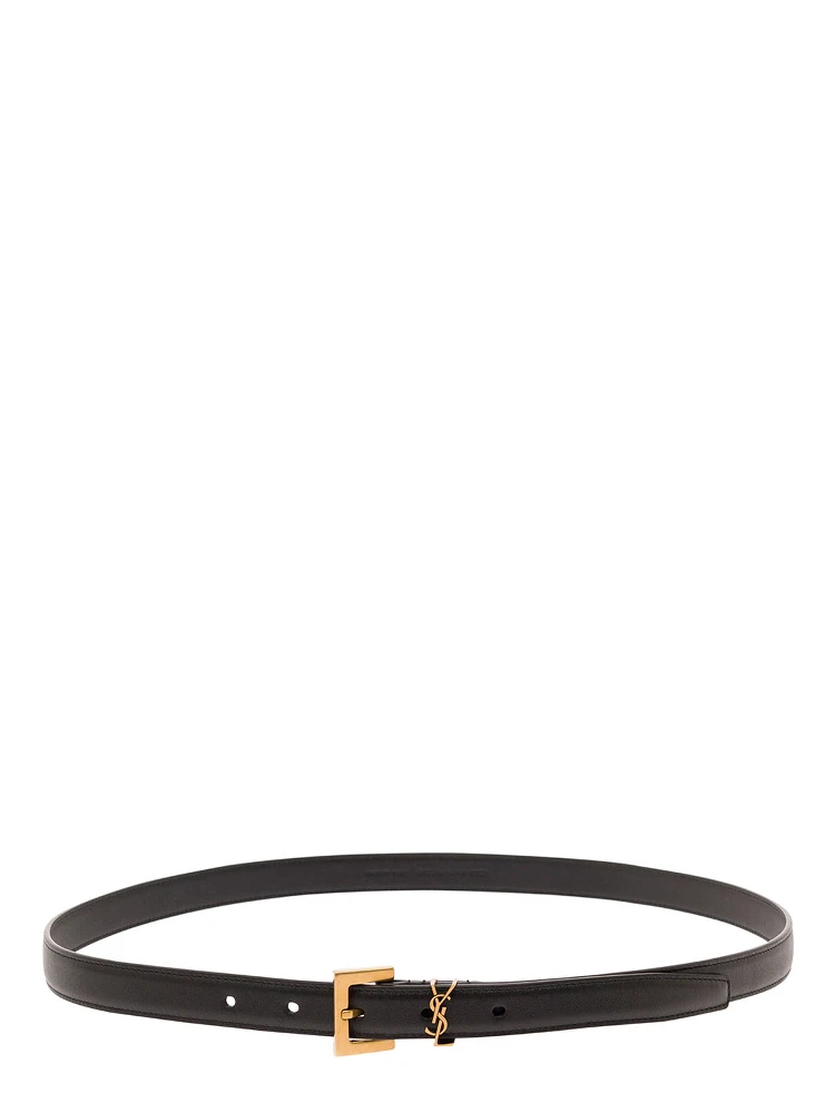 Black Belt in Leather with Gold-tone Buckle and Monogram Detail Woman