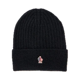 Black Beanie with Turn-Up Brim and Logo Patch on the Front in Wool Man