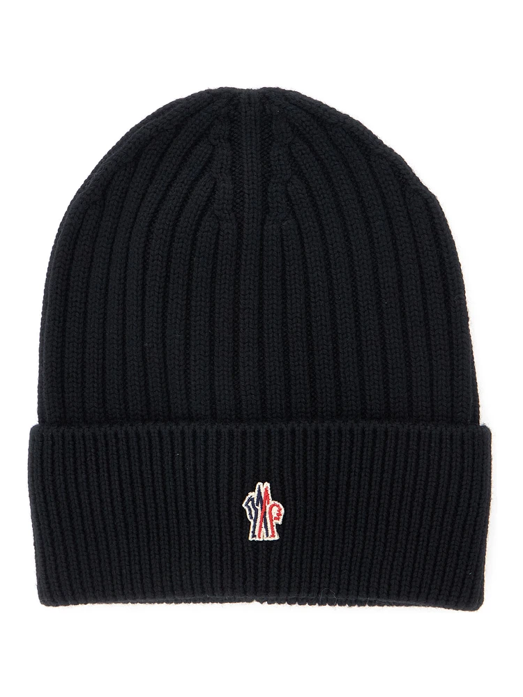Black Beanie with Turn-Up Brim and Logo Patch on the Front in Wool Man