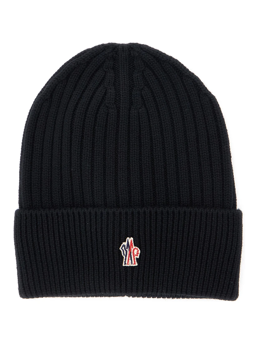 Black Beanie with Turn-Up Brim and Logo Patch on the Front in Wool Man