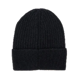 Black Beanie with Turn-Up Brim and Logo Patch on the Front in Wool Man