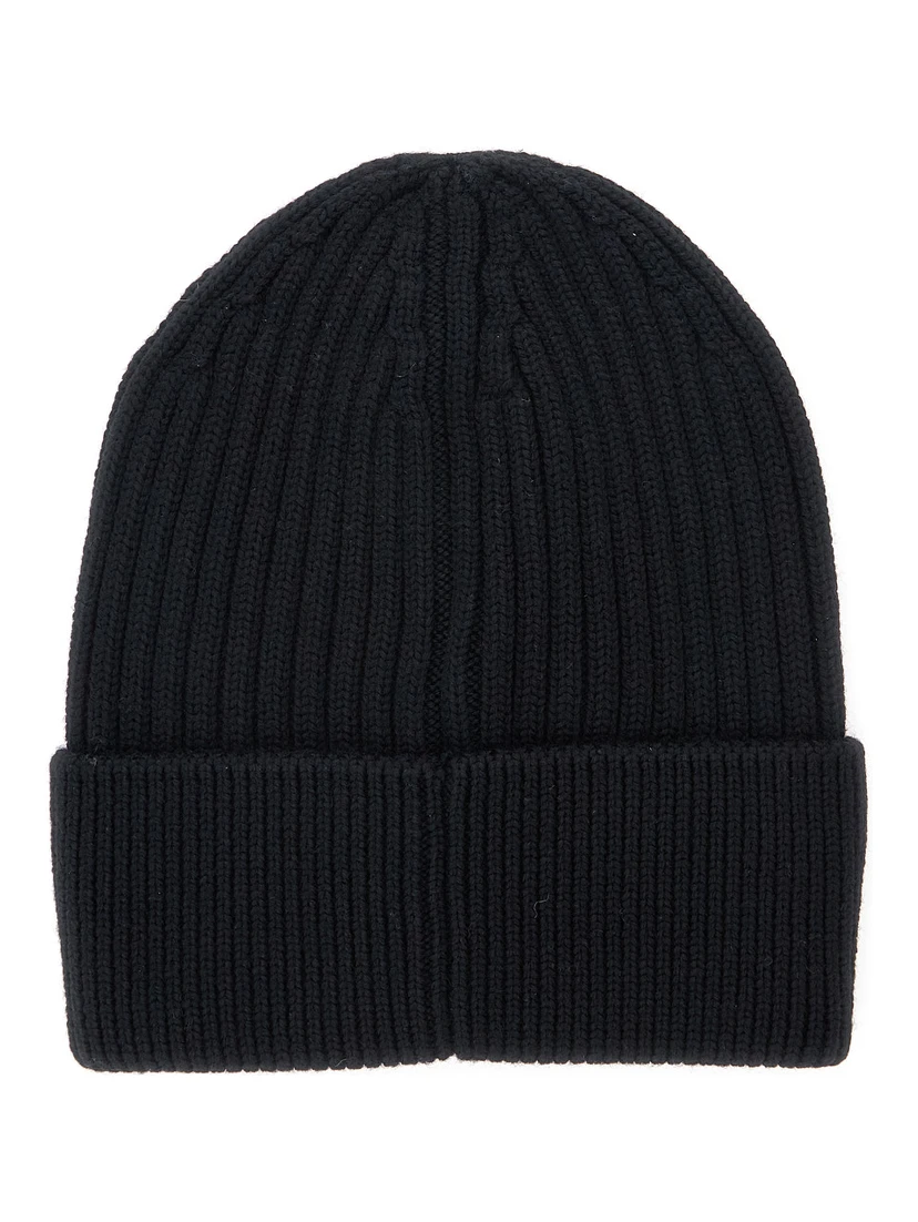 Black Beanie with Turn-Up Brim and Logo Patch on the Front in Wool Man