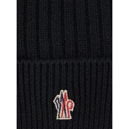 Black Beanie with Turn-Up Brim and Logo Patch on the Front in Wool Man