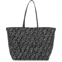Roll Large Blu Shopper with All-Over FF Motif in Cotton Blend with Sponge Effect Woman