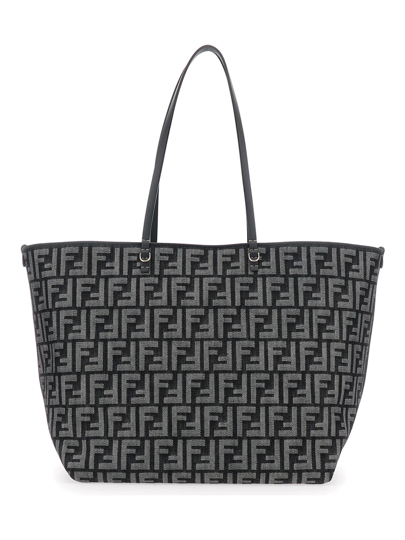 Roll Large Blu Shopper with All-Over FF Motif in Cotton Blend with Sponge Effect Woman