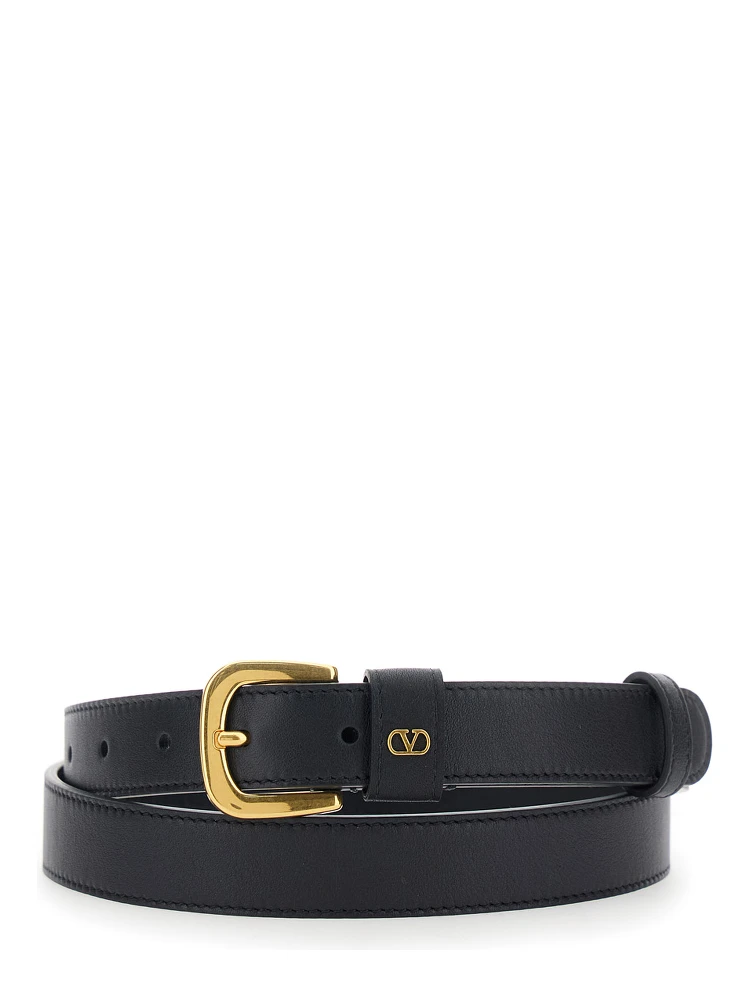 Black Belt with Front Buckle Closure and VLogo Plaque on the Loop in Leather Man