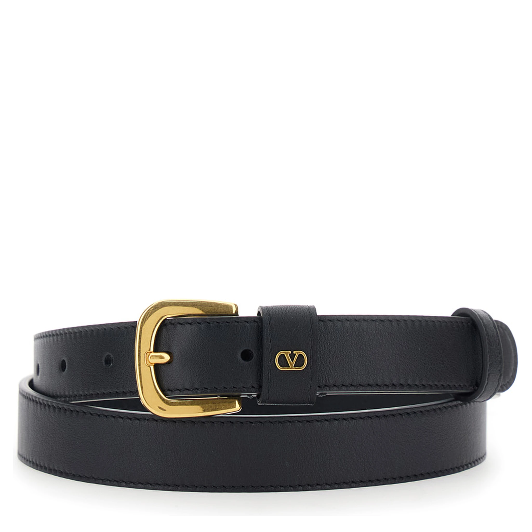 Black Belt with Front Buckle Closure and VLogo Plaque on the Loop in Leather Man