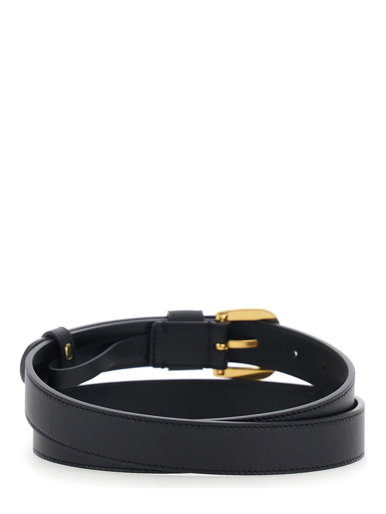 Black Belt with Front Buckle Closure and VLogo Plaque on the Loop in Leather Man alternative