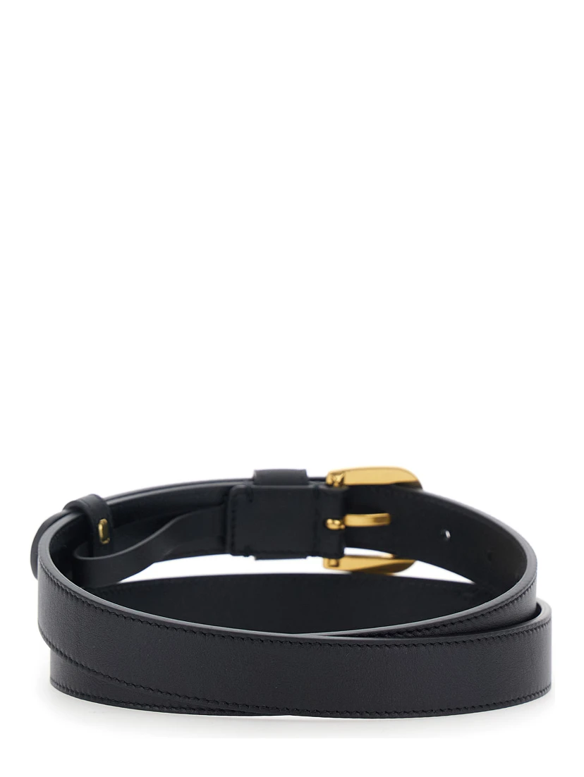 Black Belt with Front Buckle Closure and VLogo Plaque on the Loop in Leather Man