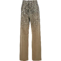 Beige Pants with Faded Crystal Embellishment and Belt Loops in Cotton Blend Woman