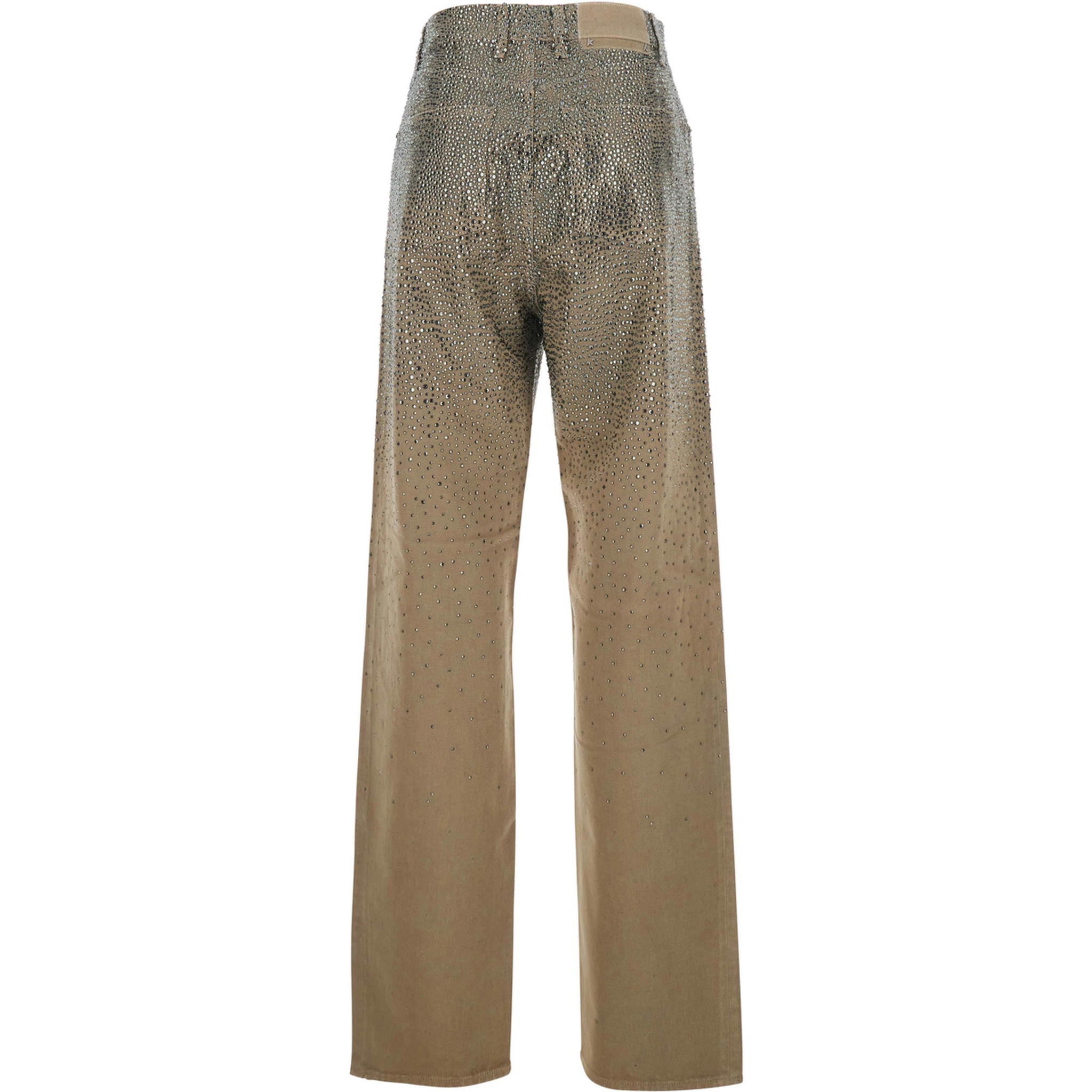 Beige Pants with Faded Crystal Embellishment and Belt Loops in Cotton Blend Woman