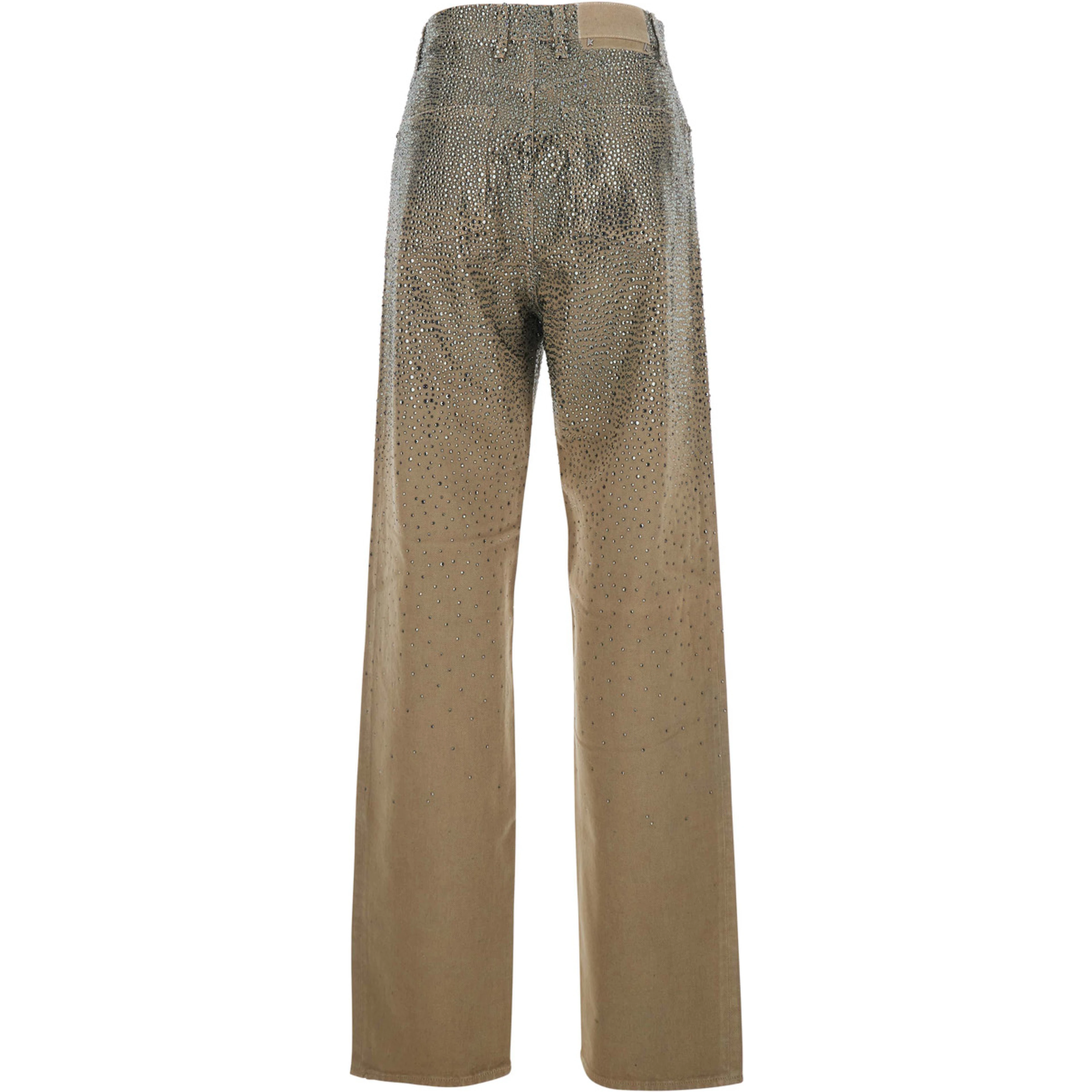 Beige Pants with Faded Crystal Embellishment and Belt Loops in Cotton Blend Woman
