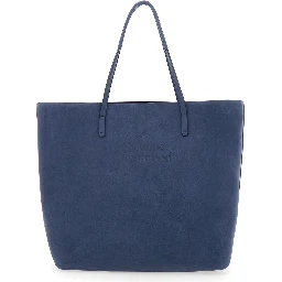 Studio Blue Tote Bag with Embossed Logo Lettering on the Front in Leather Woman