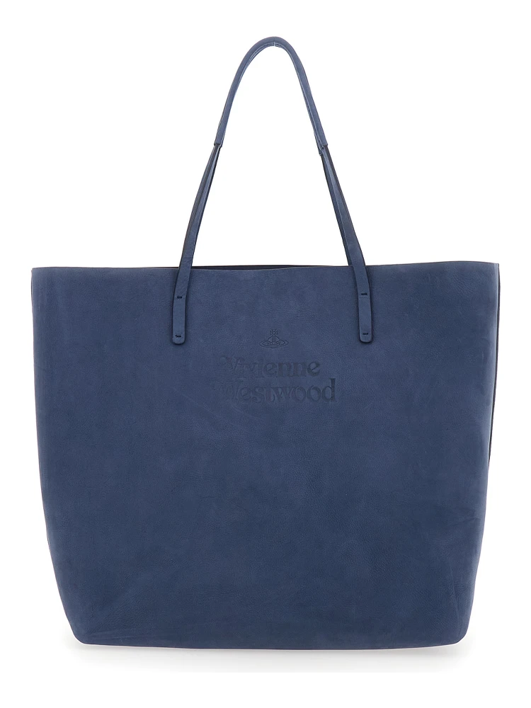Studio Blue Tote Bag with Embossed Logo Lettering on the Front in Leather Woman