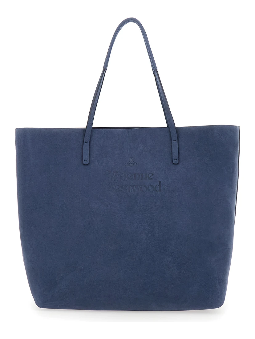 Studio Blue Tote Bag with Embossed Logo Lettering on the Front in Leather Woman
