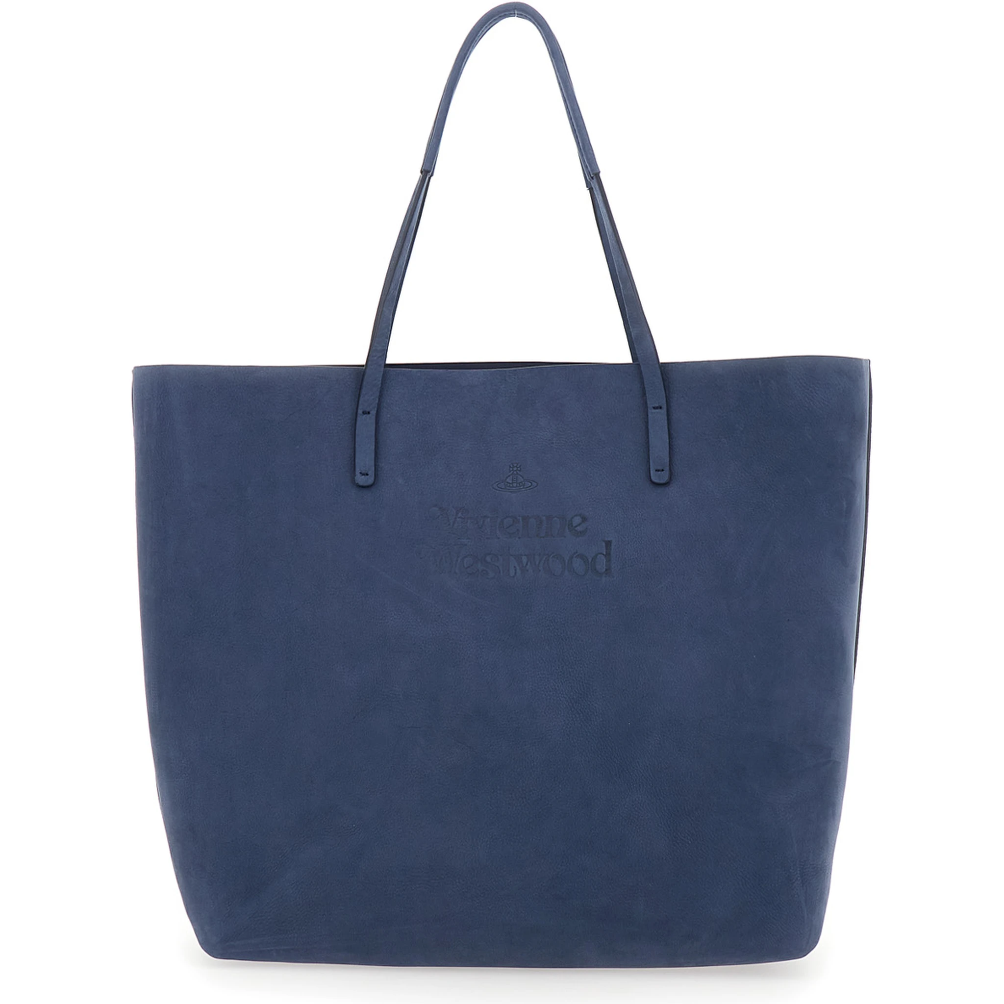 Studio Blue Tote Bag with Embossed Logo Lettering on the Front in Leather Woman