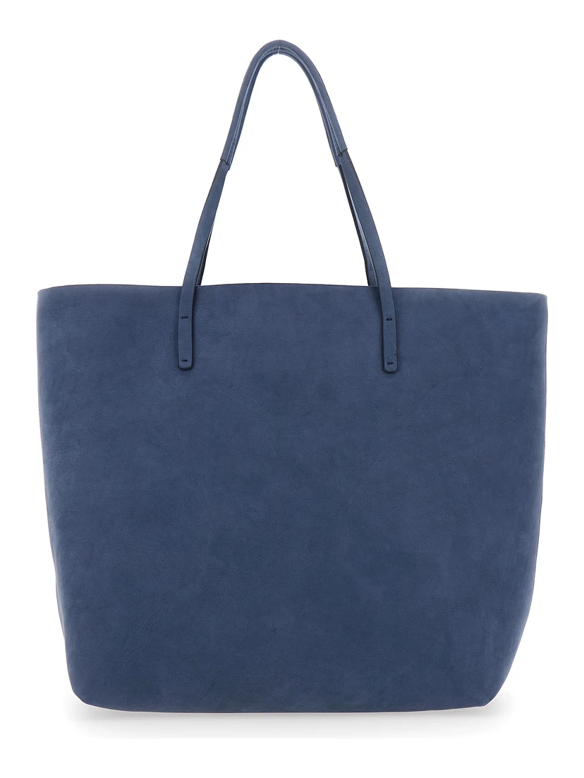 Studio Blue Tote Bag with Embossed Logo Lettering on the Front in Leather Woman
