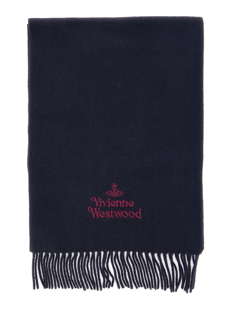 Blue Scarf with Fringed Hem and Orb Embroidery on the Front in Wool Unisex