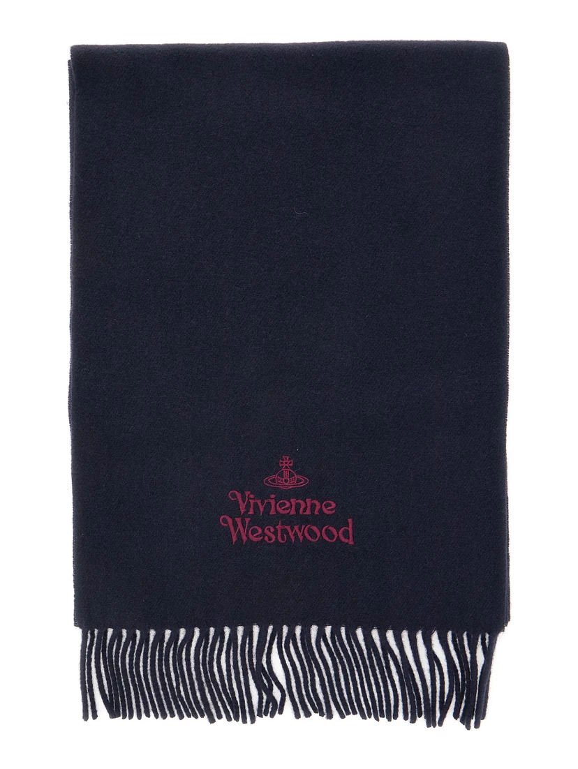 Blue Scarf with Fringed Hem and Orb Embroidery on the Front in Wool Unisex